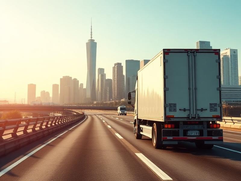 Modern freight truck on a highway with a city skyline