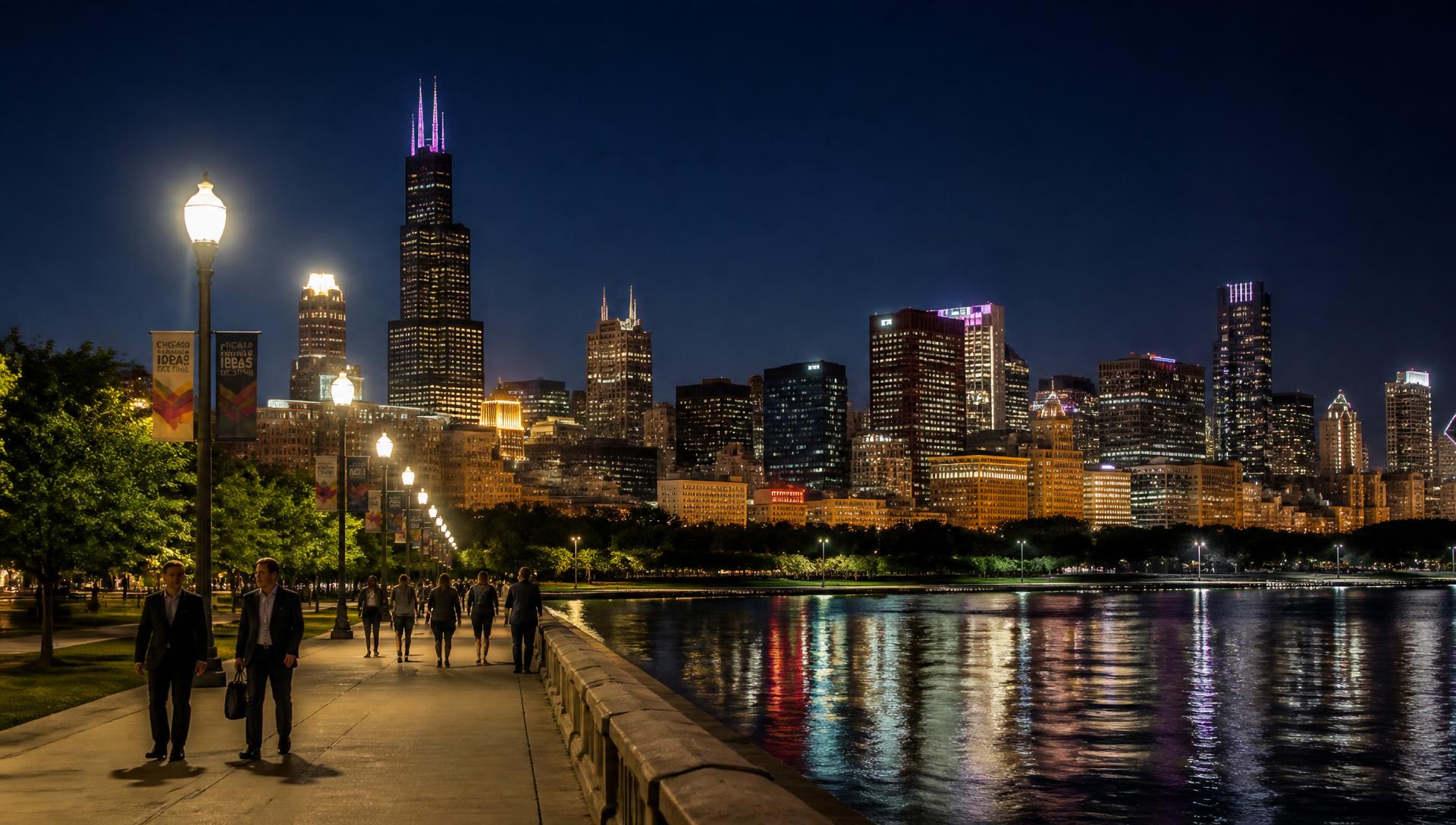 Chicago skyline at night with lakefront reflections
