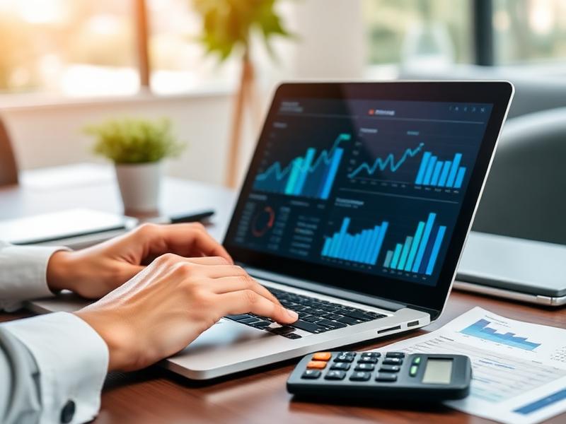 Accounting professional reviewing financial reports on a laptop